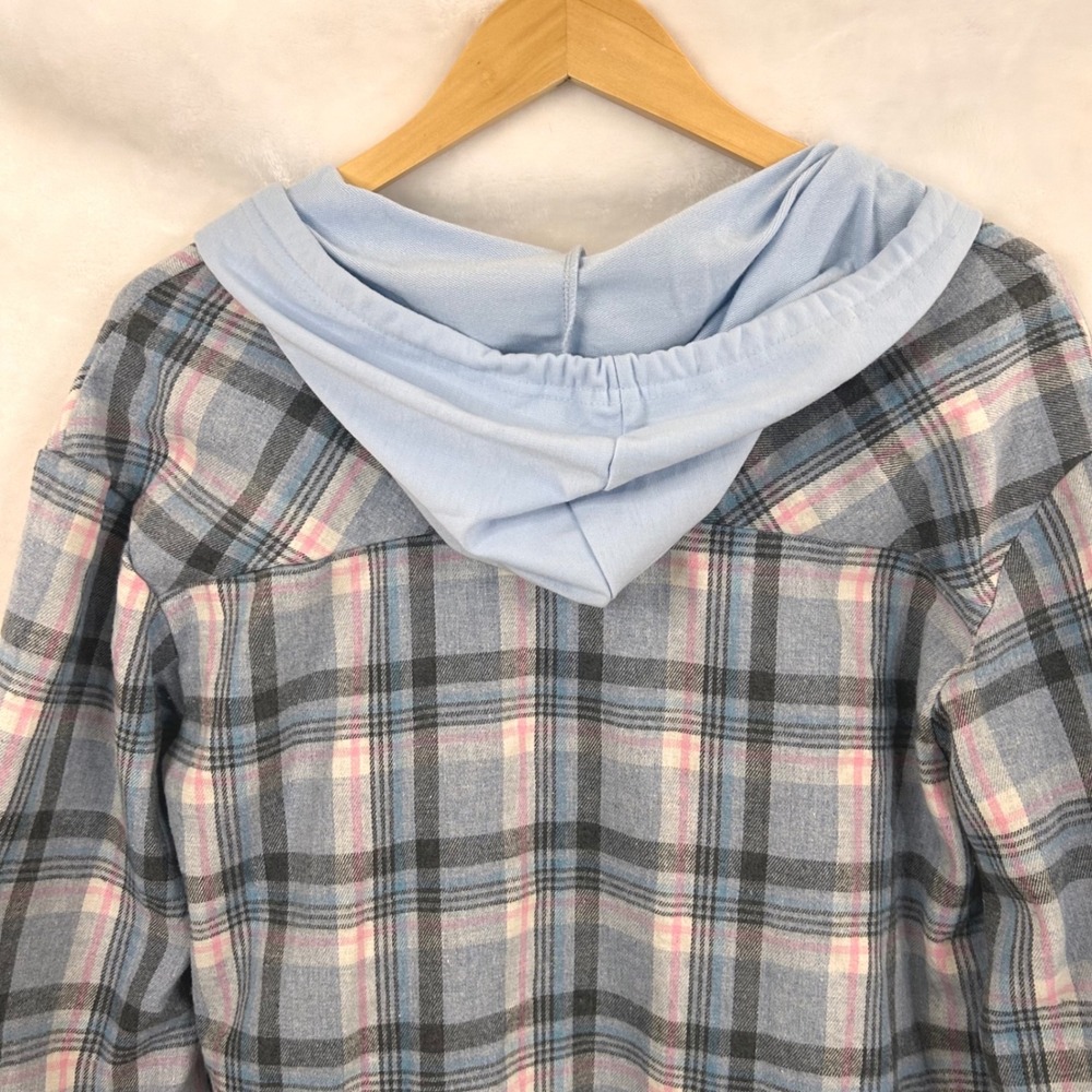 Womens Blue Plaid Hooded Flannel Shirt Button Up Long Sleeve Size M Relaxed Fit - Picture 4 of 6